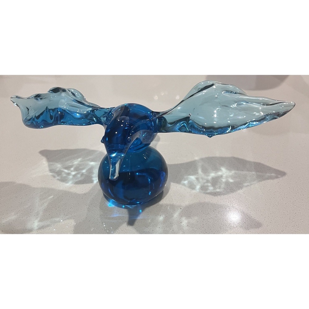 Czech Vintage Blue Glass Bird On Ball Pedestal Smooth Bottom‎ Figurine